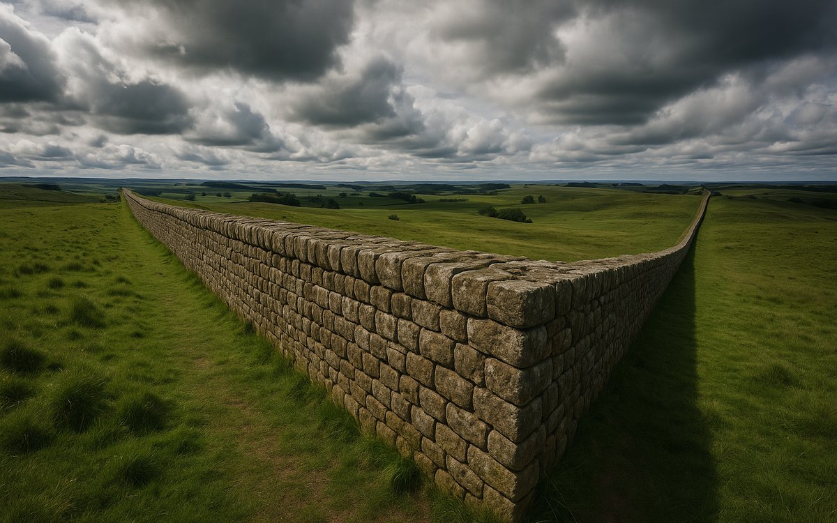 A long standing stretch of Hadrian's Wall running across open Northumberland countryside