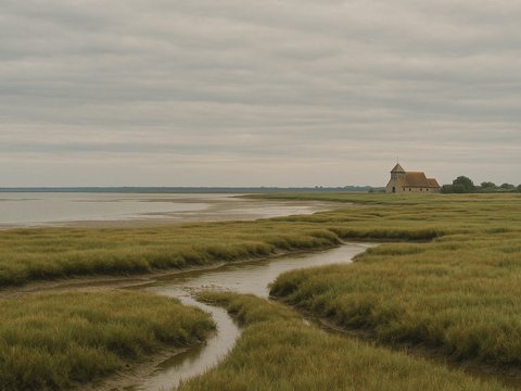The flat Solway estuary marshes at Bowness-on-Solway, the wall's western end