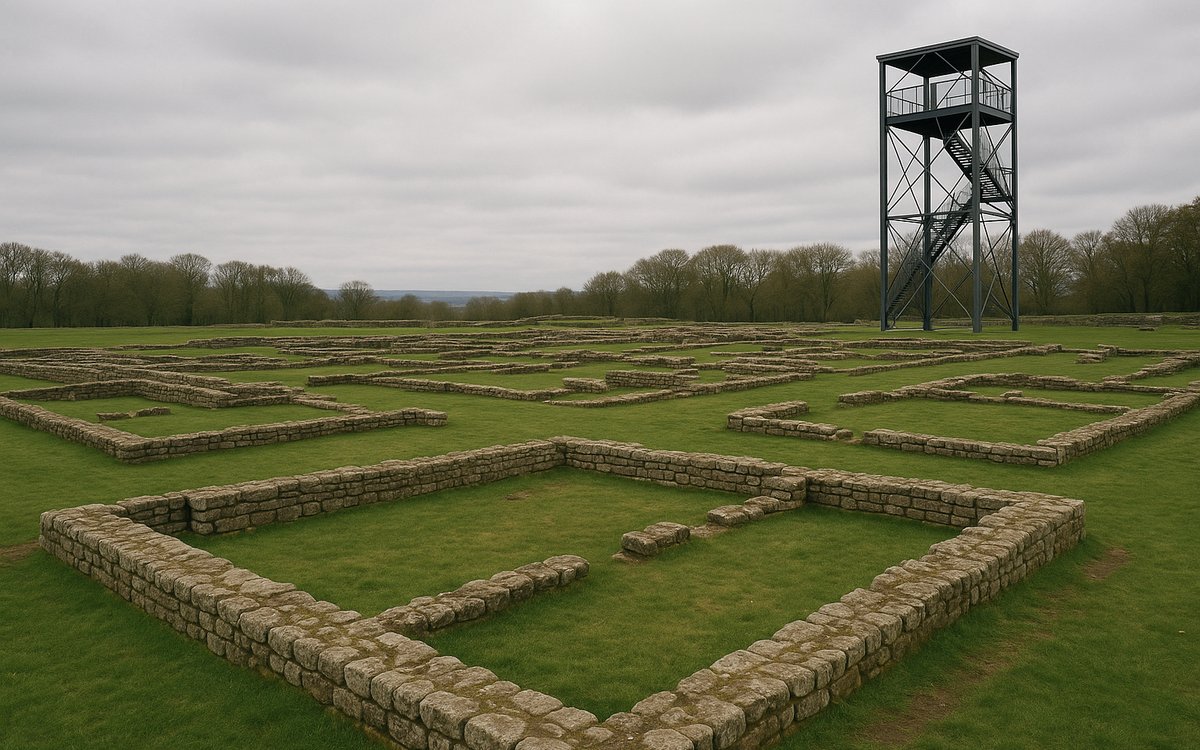 The excavated outline of Segedunum Roman Fort with its viewing tower, Wallsend