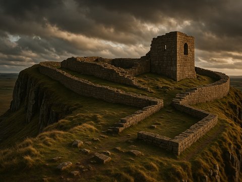 Housesteads Roman Fort ruins along the dramatic Whin Sill crags