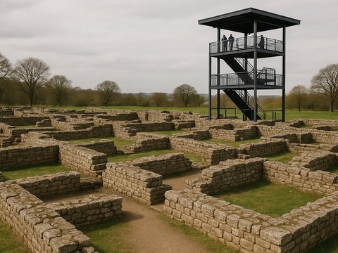 Reconstructed Roman viewing tower and excavated fort outline at Segedunum, Wallsend