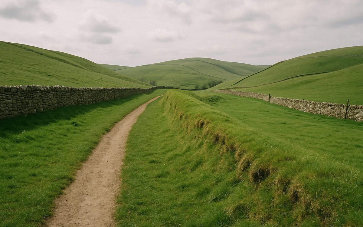 Rolling farmland with Hadrian's Wall earthworks visible on Stage 2