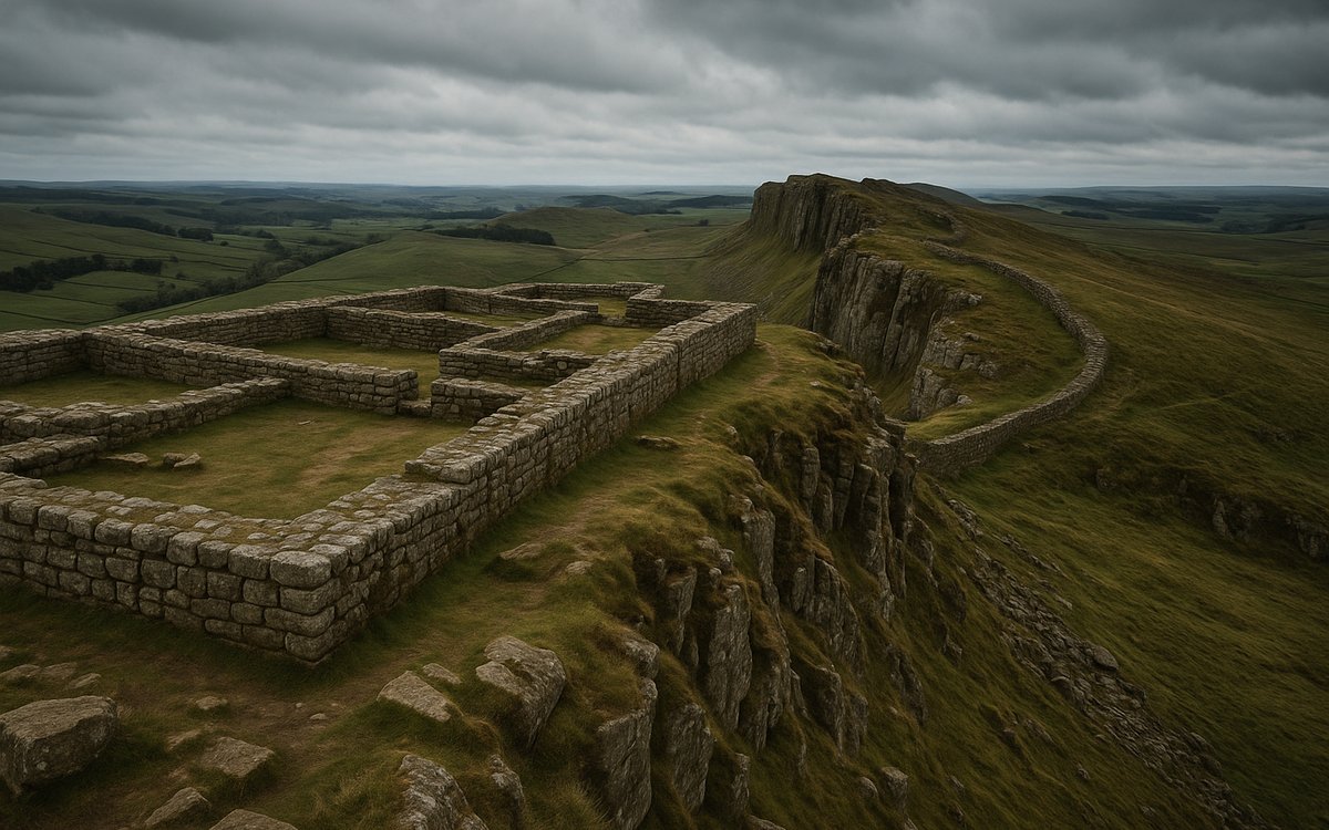 Housesteads Roman Fort ruins along the dramatic Whin Sill escarpment