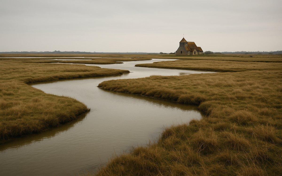 The flat Solway estuary marshes at Bowness-on-Solway, the wall's western end