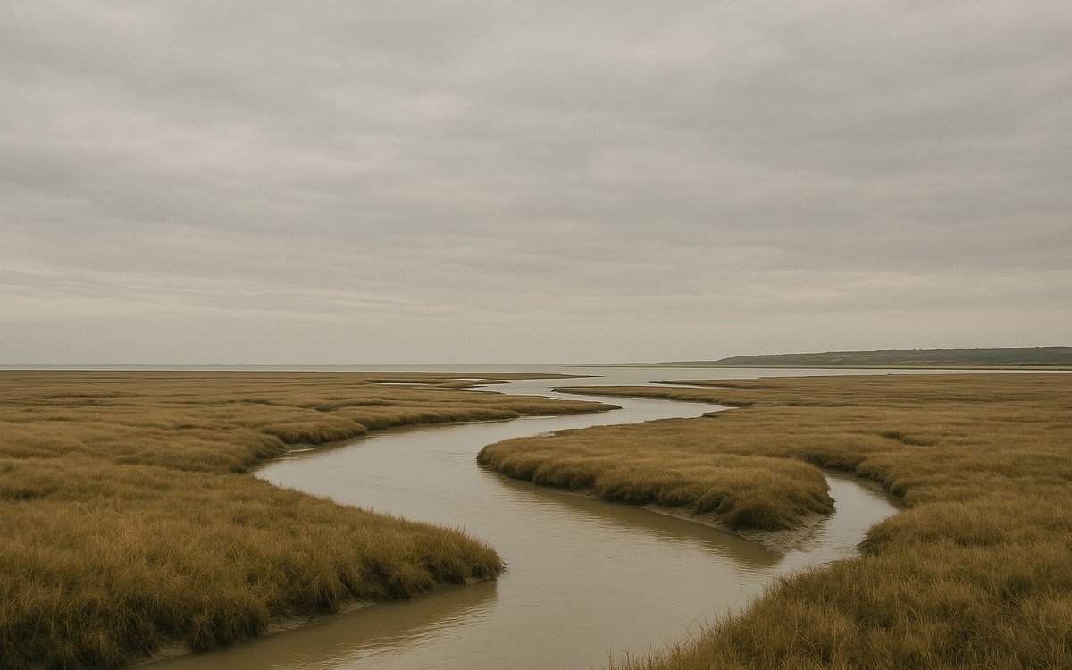 The flat, tidal Solway estuary marshes on the final stage of Hadrian's Wall Path