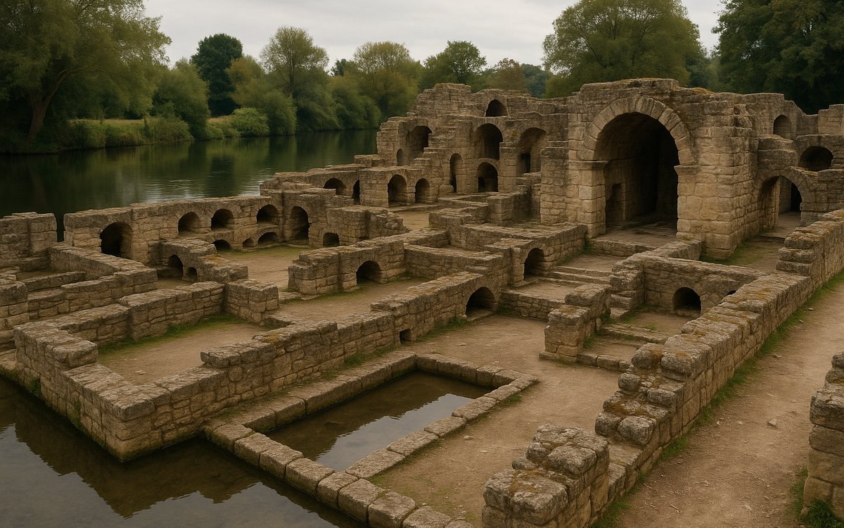 The Roman cavalry bathhouse ruins at Chesters Fort beside the River North Tyne